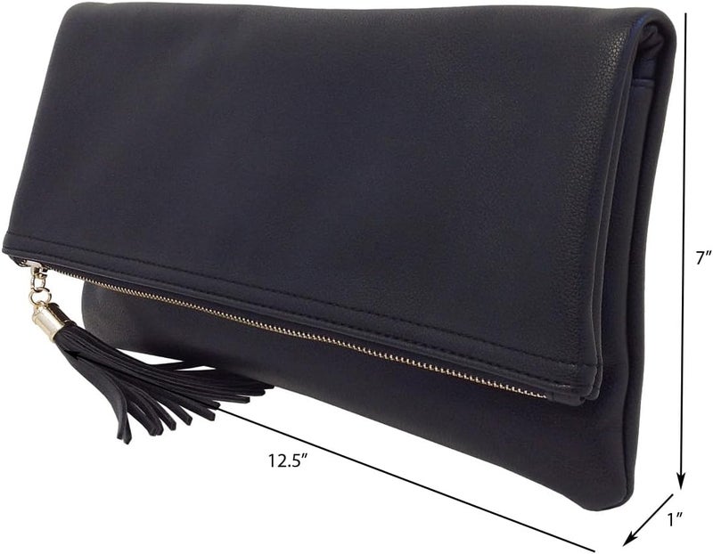 JNB Women's Faux Leather Zipper Foldover Clutch Purse with Tassel - Image 3